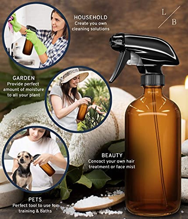 LiBa 16oz Amber Glass Spray Bottles - 2 Pack with Adjustable Nozzle