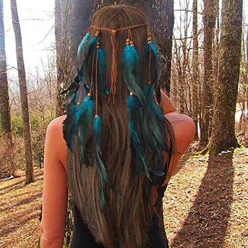 CAKURE Boho Feather Headbands Indian Gypsy Costume Feather Headpiece Blue Hippie Headband Hair Band Festival Headdress Handmade Feather Hair Accessories (Type A)