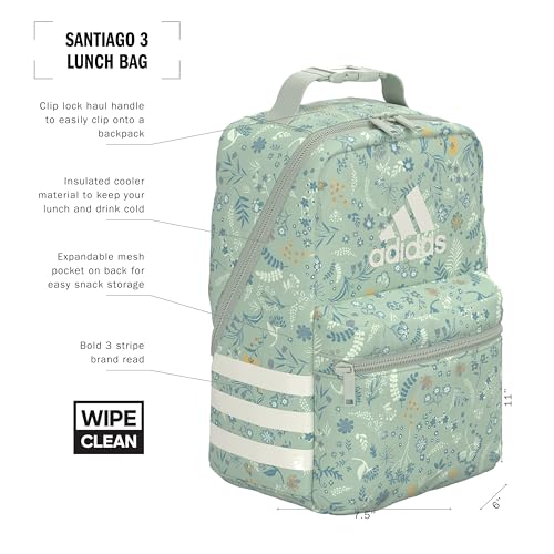 adidas Santiago Insulated Lunch Bag (6.5L) with Clip Lock Handle, Woodland Floral Linen Green/Linen Green, One Size