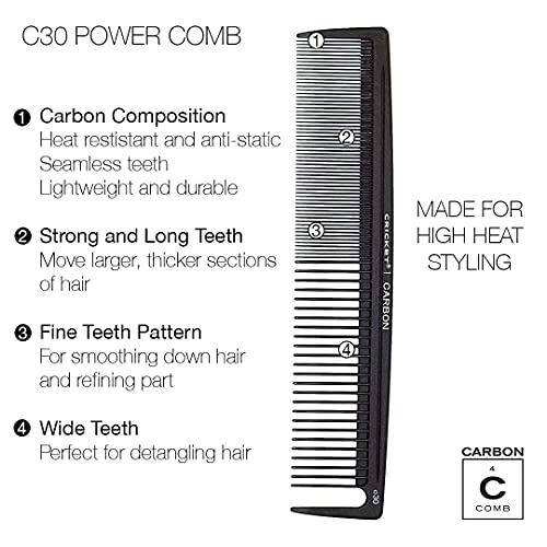 Cricket C30 Professional Hair Stylist Power Carbon Comb - Heat-Resistant, Anti-Static, Seamless Teeth for Detangling and Styling, Dual-Function Fine & Wide Tooth Design with Sectioning Pick - Black