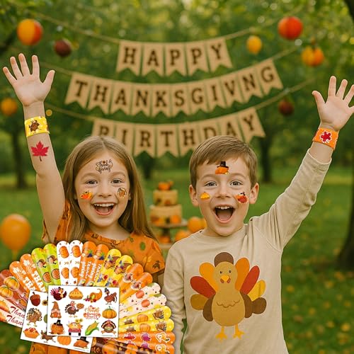 48PCS Thanksgiving Party Set - 24PCS Temporary Tattoos & 24PCS Slap Bracelets - Festive Fall-Themed Birthday Supplies, Baby Shower Gifts, Classroom Rewards & Holiday Decor for Kids (Boys & Girls)
