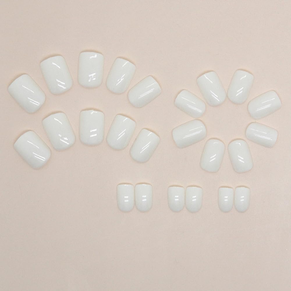 Short Press on Nails Square Fake Nails Full Cover False Nails with Nail Glue Cream White Solid Color Glossy Glue on Nails Stick on Nails Acrylic Nails Artificial Nails for Women Girls 24Pcs