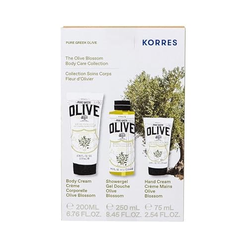 KORRES Olive Blossom Body Care Set, Hydrating Shower Gel (8.45 fl oz), Nourishing Body Cream (6.76 fl oz) & Hand Cream (2.54 fl oz), Greek Olive Oil Skincare Gift Set for Dry Skin