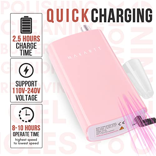 Makartt Cordless Nail Drill for Manicure & Pedicure - Portable Electric E-File, Pink