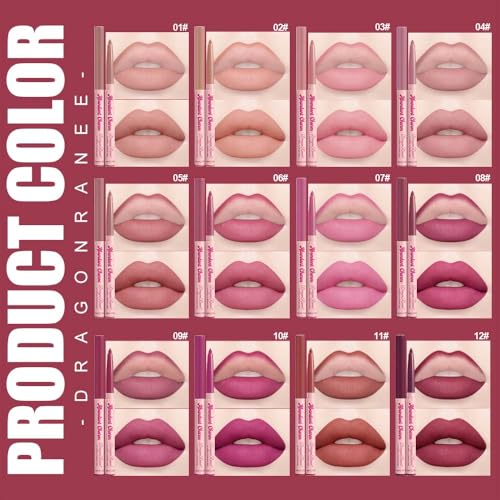 12-Piece Retractable Lip Liner Pencil Set - Waterproof Matte