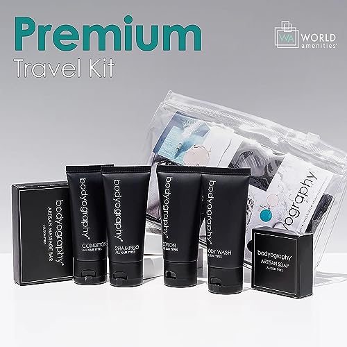 Bodyography Toiletry Kit - 6 Piece Set Shampoo, Conditioner, Body Wash, Lotion, Hand Soap, Massage Bar, Clear Travel Bag