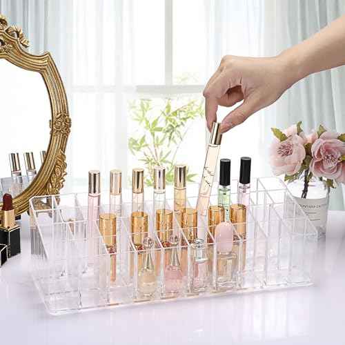 ELLDOO Rollerball Perfume Organizer, 44 Spaces Clear Acrylic Perfume Storage Holder Beauty Scent Holder, Essential Oil Storage Holder Organizer, Makeup Lipgloss Lipstick Display Case