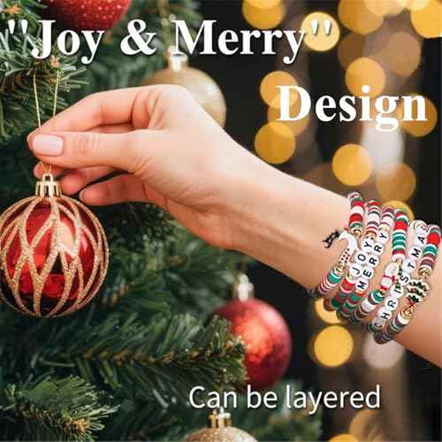 Go Ho Christmas Glitter Gel and Bracelets Kit, 6PCS Red White Green Beaded Bracelets with Face Glitter Makeup for Body & Hair, Fun Christmas Gifts for Women and Teens