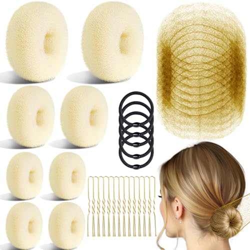 TsMADDTs Blonde Hair Bun Set, 8 Donut Bun with 2 Large, 2 Middle, 4 Small, 10 Hair Nets for Women, 40 U Shaped Pins, 5 Elastic Bands for Short and Thin Hair