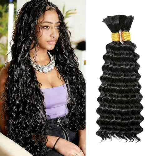 Human Braiding Hair for Boho Braids 100% virgin Human Hair 110g 16-24 Inch Curly Knotless 12A Deep Wave Bulk Bohemian Braiding Hair for 2 Bundles/Pack Extensions (Natural Black-Deep Wave, 22 Inch)
