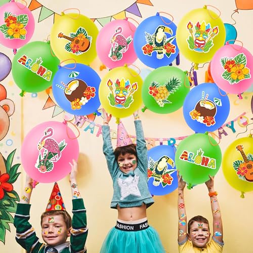 72 PCS Tropical Luau Party Favors ? 48 Pre-Cut Temporary Tattoos & 24 Punch Balloons Themed Birthday Party Decorations Supplies Favors Gifts, Goodie Bag Fillers, Classroom Rewards