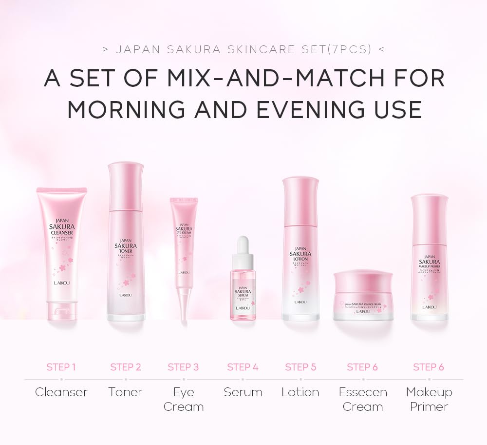 Skin Care Set JAPAN SAKURA Beauty Gift Sets Skin Care Kit with Cleanser, Toner, Lotion, Serum, Eye Cream, Face Cream, Make up Primer Travel Kit for Women Wife Mom 7pcs