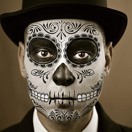 4 Pcs Day of The Dead Sugar Skull Face Temporary Tattoo Halloween Makeup Tattoo Stickers for Halloween Masquerade Party with 1 Rose Red Flower Crown Headband