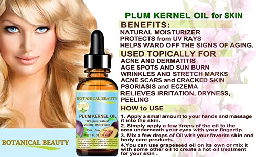 Botanical Beauty French PLUM KERNEL OIL 100% Pure Natural Virgin Unrefined Cold Pressed Carrier Oil 0.33 oz- 10 ml for Face, Skin, Hair, Lips, Nails. Skin SuperFood. Face moisturizer Oil