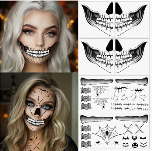 8 Sheets Halloween Temporary Face Tattoos | Skeleton & Scar Designs