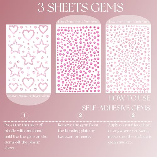 Pink Face Gems Self-Adhesive Hair Jewels,Bling Heart Star Jewels for Valentine's Day Makeup, Festival, Stick on Gems Rhinestones Stickers, Pink Face Glitter Rave Accessories for Women Girls