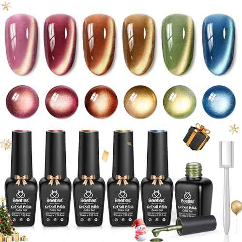 beetles Gel Polish Golden Mirage Cat Eye Gel Nail Polish Set - 6 Colors Glitter Red Green Blue Brown Pink Christmas Gel Nail Kit Magnetic Shine Soak Off UV Winter Salon DIY Manicure Gift for Women