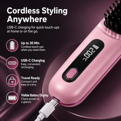 Cordless Hair Straightening Brush - Portable Heated Comb, 3 Temperature Settings, USB-C