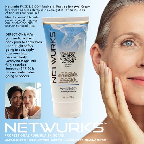 Retinol & Peptide Lotion, Renewal Night Cream for Face & Body to Help Reduce Blemishes & Appearance of Fine Lines & Wrinkles, 6 Fl Oz