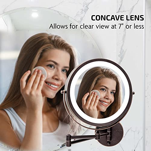 OVENTE 9" Lighted Wall Mount Makeup Mirror with 1X/7X Magnification, Cordless Double Sided Magnifying Round Vanity Mirror, 360¡Æ Swivel Design, Extendable and Folding Arm, Antique Bronze MFW85ABZ1X7X