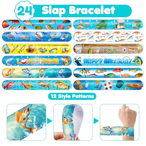72 PCS Fishing Party Favors - 48 Temporary Pre-Cut Tattoos & 24 Slap Bracelets - Party Favors for Boys & Girls, Birthday Goodie Bag Fillers, Baby Shower Gifts, Classroom Rewards