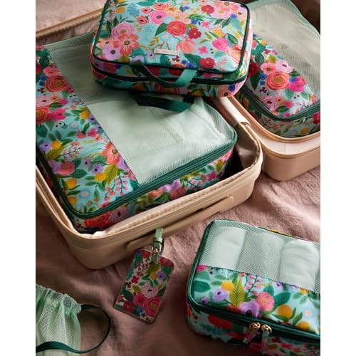 RIFLE PAPER CO. Travel Toiletry and Cosmetic Case | Multi Pocket Makeup Organizer Bag, Zipper Closure, Removable Clear Pouch, Lay Flat Design | Garden Party Pattern