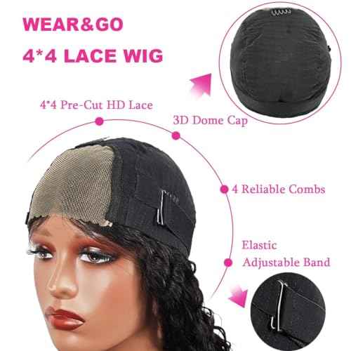 Wear and Go Glueless Wig Bob Wig Human Hair Glueless Wigs Human Hair Pre Plucked Pre-Cut for Beginners 180% Density Deep Wave Curly Lace Front Wig 16 Inch Natural Black