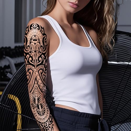 6 Sheets Full Arm Temporary Tattoos, Large Black Totem Tattoo Sleeves, Realistic Fake Tattoos for Men and Women, Waterproof and Long Lasting Tribal Tattoo Stickers for Cosplay, Parties, and Halloween