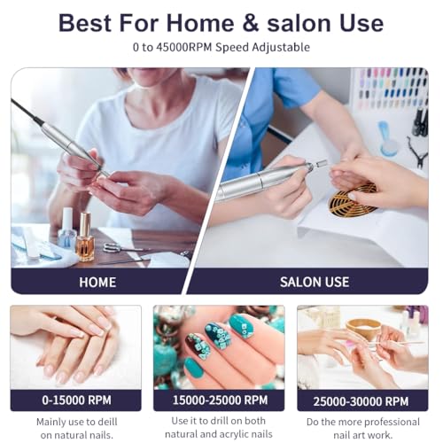 Electric Nail Drill 45000RPM Rechargeable with Bits