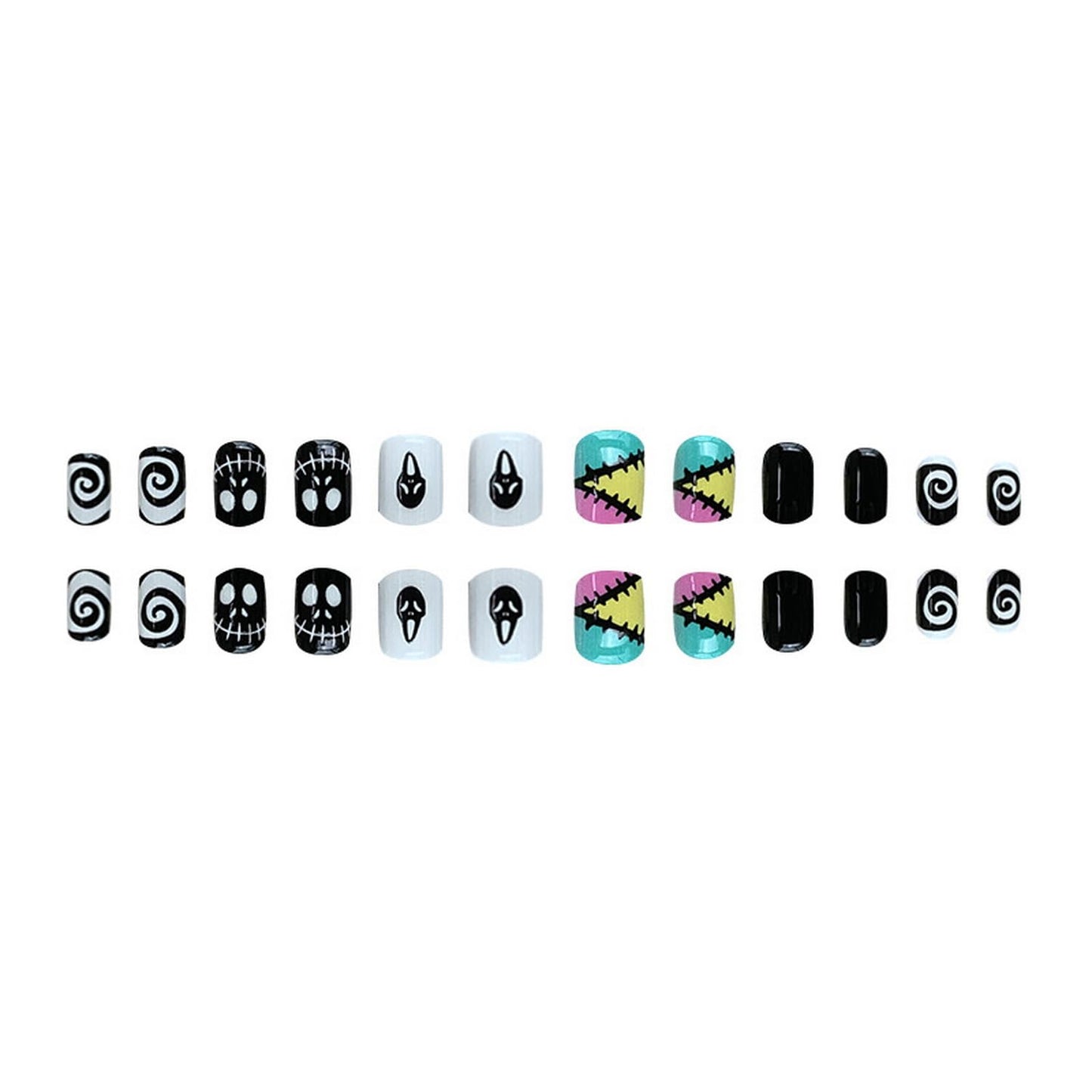 24Pcs Halloween Press on Nails Short Fake Nails with Patch Ghost Face Vortex Designs Square Shape Glue on Nails,Full Cover Acrylic Glossy Nail Tips,Women Girls Halloween Nails Decor