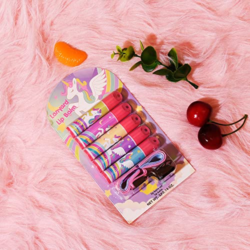 5 Pcs Fruit Flavored Lip Balm Set With Lanyard, Unicorn, Lip Care to Moisturize Dry Lips