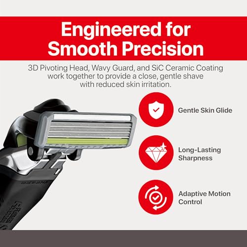 Feather - F3 Shaving Razor - Pivoting Head Shaving Razor with Wavy Guard and SiC Ceramic Coating - 3 Blade shave cartridge for Regular to Sensitive Face and Skin - Disposable Blades