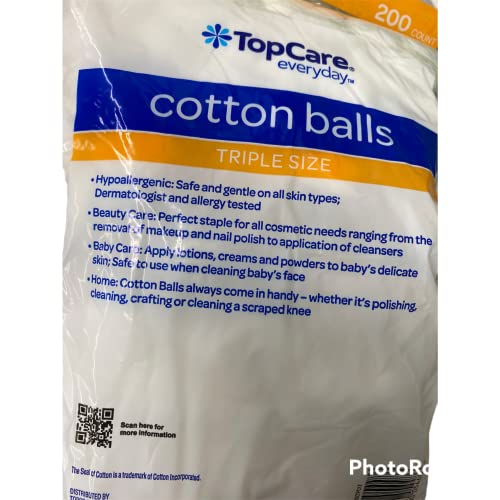 TopCare Triple Size Cotton Balls for Beauty & Personal Care - 200 Count