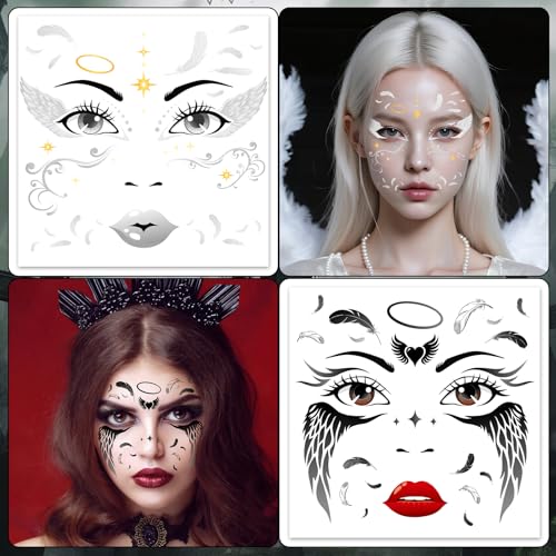 HOWAF 4 Sheets Halloween Angel Face Tattoos Angel Wing Full Face Temporary Tattoos for Hallows' Eve Angels Costumes Accessories, Black and White Fallen Angels Tattoo Stickers