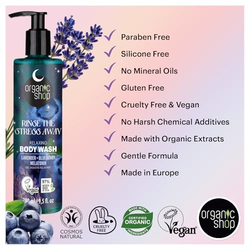 Organic Shop Relaxing Body Wash with Organic Lavender, Blueberry & Melatonin, Natural Vegan Shower Gel, Paraben Free, Silicone Free, Gentle Moisturizing Bodywash for Women & Men, Made in Europe