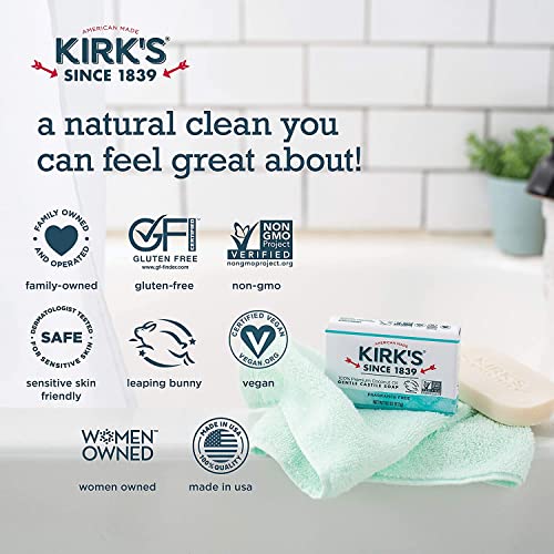 Kirk's Castile Bar Soap Clean Soap for Men, Women & Children | Premium Coconut Oil | Sensitive Skin Formula, Vegan | Fragrance-Free/Unscented | 4 oz. Bars - 12 Pack