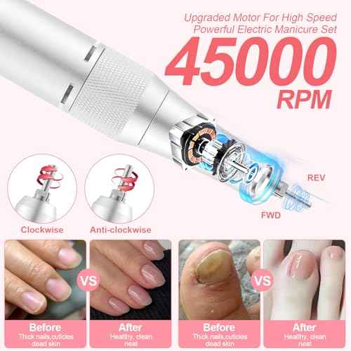 Electric 45000RPM Nail Drill Machine Rechargeable Portable Nail File Electric DIY Nail Drill Kit with Smart LCD Screen for Gel Nail Manicure and Pedicure Reflective Body etc (White)