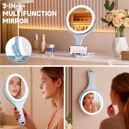 Hasipu Blue Travel Makeup Mirror with Lights, 3-Color Dimmable, 10X Magnification & Phone Stand