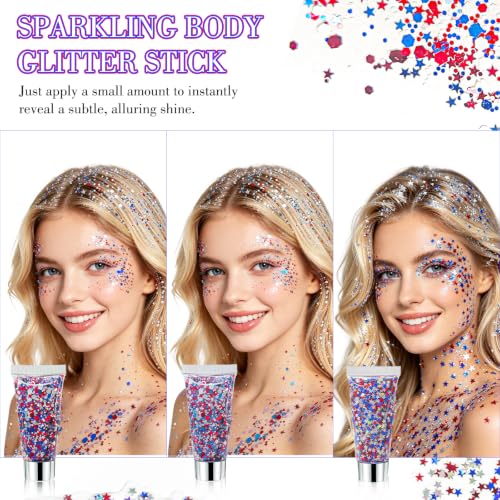 3-Pack Patriotic Body Glitter Stick, Red White Blue Self-Adhesive Makeup