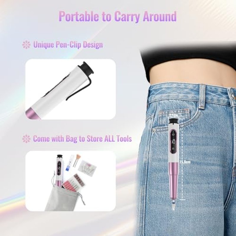 Denabuty Cordless Electric Nail Drill Kit with LED Display – 12-in-1 Professional E-File for Gel & Acrylic Nails