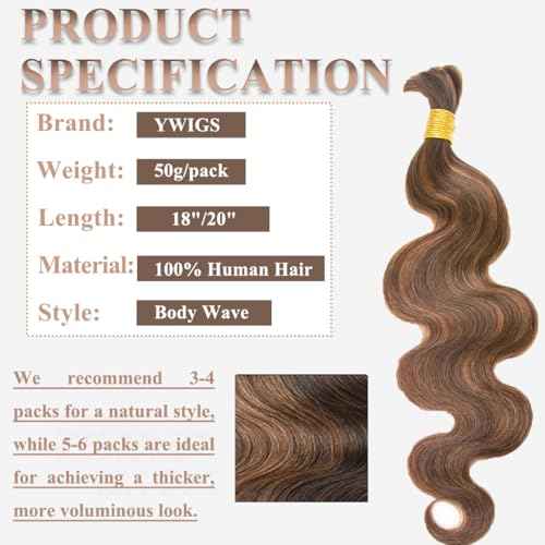 YWIGS Body Wave Bulk Human Hair for Braiding Human Braiding Hair for Boho Braids 50G No Weft Virgin Human Hair #4/30 20inch
