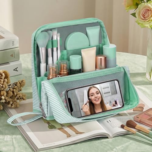 Striped Makeup Bag Large Cosmetic Bags for Women Gift with Brush Loops Mesh Pocket Wrist Strap Travel Organizer Storage Pouch Toiletry Case with Divider for Mirror(Fresh Green)