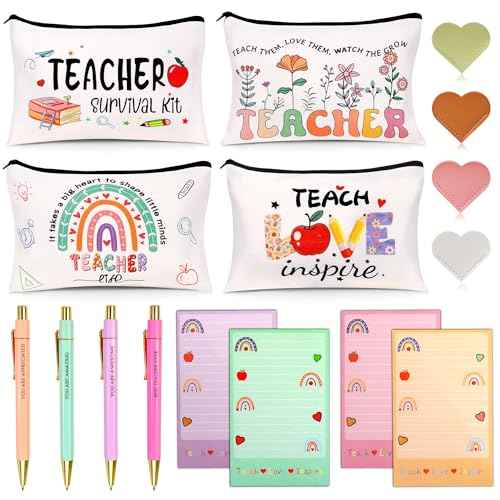 Teacher Christmas Gifts Bulk, 16Pcs Gifts for Women with Teacher Survival Kit Makeup Bags, Bookmarks, Notepad and Pens, Christmas Gifts for Appreciation