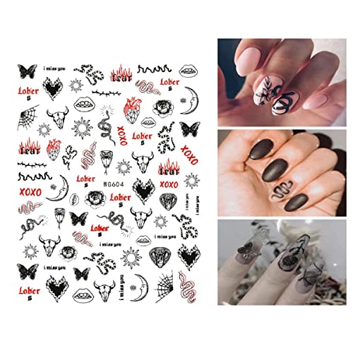 8 Sheets Halloween Nail Art Stickers Decal 3D Gothic Punk Horror for Halloween Black Snake Skull Spider Ghost Scary Wound Scar Bloody Nail Designs Holiday Nail Stickers for Halloween Nail Decorations