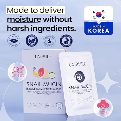 LA PURE Snail Mucin Mask ? 10ct Korean Sheet Mask Pack for Signs of Aging, Aid Skin Repair & Hydration ? Pure Snail Mask for Face with Collagen & Hyaluronic Acid ? Cruelty-Free Hydrating Sheet Mask