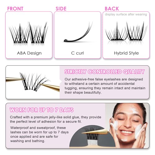 Lash Clusters, 100 Pieces DIY Eyelash Extensions, Individual Cluster Lashes, Super Thin Band, No Glue Needed Resuable Soft Natural Self Adhesive Lashes at Home(ABA-C Curl-MIX10-16mm-Black)