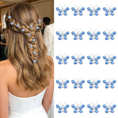 Blue Crystal Butterfly Hair Clips - 20 Pcs Rhinestone Barrettes