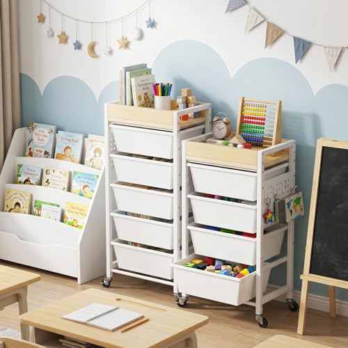 Time Forest White 6-Tier Rolling Cart with 5 Drawers, Wooden Top & Pegboards