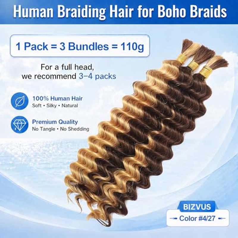 BIZVUS 110g Boho Braiding Hair - 18 inch Deep Wave Ombre #4/27