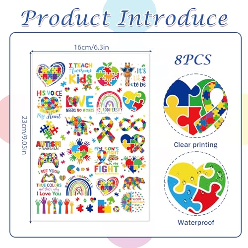 Autism Awareness Temporary Tattoos - 200+ Designs, 8 Sheets